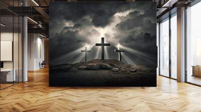 image, three crosses, gloomy sky and ray of light, generative ai Wall mural