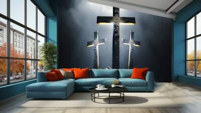 image, three crosses, gloomy sky and ray of light, generative ai Wall mural