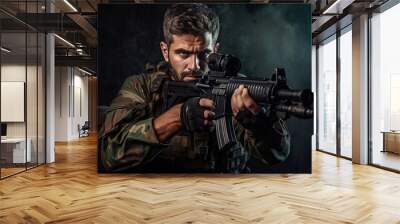 man in camouflage military uniform holding a machine gun Wall mural