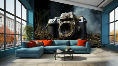 old and damaged camera among the branches Wall mural