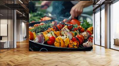 Person Grilling Vegetables on Large Grill Wall mural