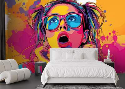 pop art illustration, a young and cute girl with a surprised expression Wall mural