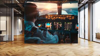 professional pilot sitting in a cockpit controlling the plane Wall mural