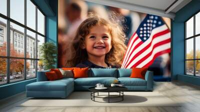 smiling girl waving an american flag in a parade Wall mural