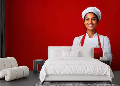 smiling indian female chef isolated on solid red background Wall mural