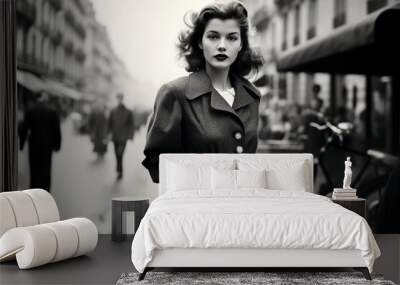 woman walking in Paris in 1950 monochromatic vintage Wall mural