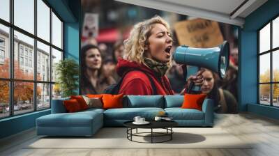 young activist holding a megaphone speaking to the crowd Wall mural