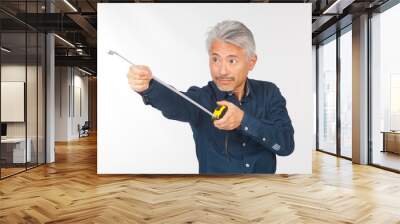 Hombre de mediana edad de origén japonés con un metro en la mano, tomando medidas; ingeniero o arquitecto o profesional preparando medidas para realizar una obra. Wall mural