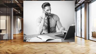 businessman working on laptop and talking on his phone at the same time Wall mural