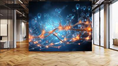 Luminous neural network wallpaper on blue background Wall mural