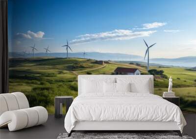 Wind turbines in the countryside with a small house on the hill Wall mural