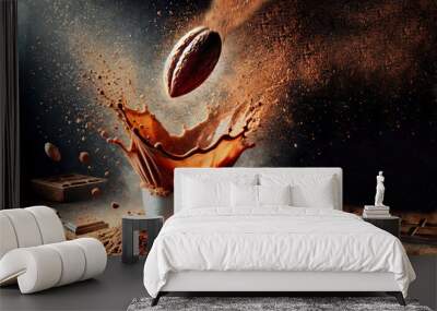 Cocoa spills out of a cup because cocoa beans fly into it Wall mural