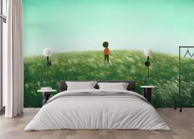 A lonely black boy in a grass field. Concept idea of freedom, hope, dream, and inspiration. Nature landscape painting, 3d illustration of child. kid life Wall mural