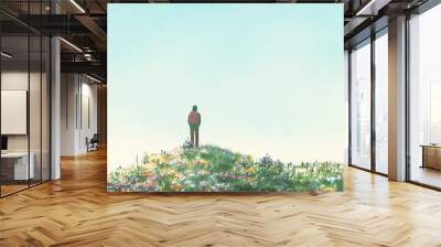 A man alone in flower field. Concept art of happiness, lonely, hope, travel and summer, Conceptual painting. 3d illustration. surreal artwork. Wall mural