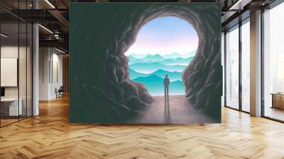 A man with a human head cave, idea concept of thinking  hope freedom and mind , surreal artwork, dream art , fantasy landscape, imagination spiritual of nature Wall mural