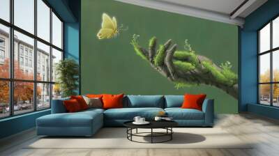 Art of life nature hope happiness and freedom concept, surreal artwork, broken hand with butterfly, conceptual illustration, dreamlike painting Wall mural