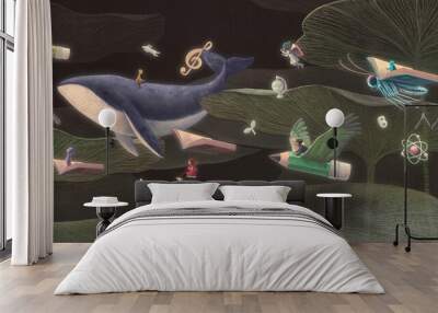 Book, kid, education and imagination concept. conceptual art. surreal artwork. Dream of child. Wall mural