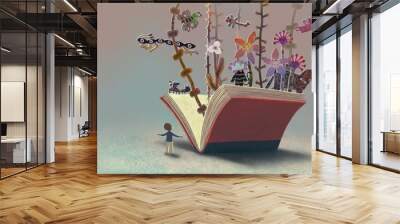 Book of Imagination and a boy. Fantasy art. Concept idea of education, kid, child dream, inspiration, creative, edventure and lerning. Conceptual 3d illustration. Surreal painting.  Wall mural