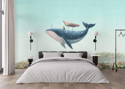 Boy and whale and book. education, imagination and dream concept art. surreal illustration. conceptual artwork Wall mural