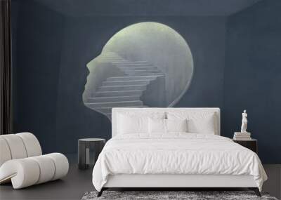 Brain psychology mind freedom soul success and hope idea concept art, 3d illustration, surreal artwork, imagination painting, conceptual idea, human head with stair Wall mural