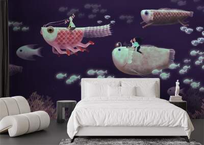 Character design of a cute monsters and children. fantasy art. surreal of animal in nature illustration. fish Wall mural