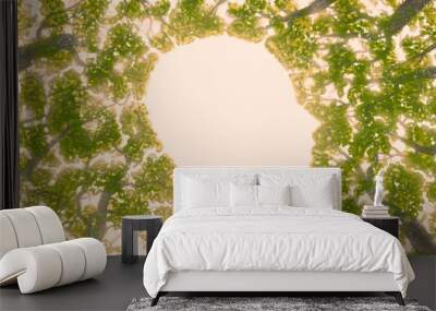 Concept idea art of nature, life, ecology, freedom, mental health and environment. Surreal painting of homan face in forest, conceptual artwork.  3d illustration of tree. sunlight Wall mural