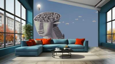 Concept idea of brain maze inspiration success thinking and creativity. surreal art. conceptual 3d illustration. Light bulb in labyrinth. Wall mural