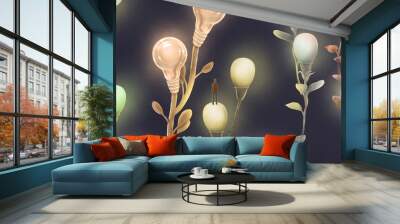 Concept idea of light bulb creative imagination and thinking, surreal conceptual art, 3d illustration, painting artwork, graphic design Wall mural