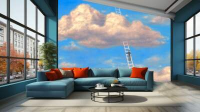 Conceptual art, surreal painting, man with stair in the sky, cloud painting, success hope heaven ambition and dream concept, 3d illustration Wall mural