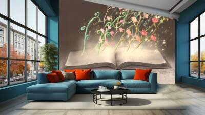 Education and learning and imagination concept, a book with flowers surreal painting Wall mural