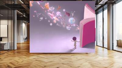 Education concept idea, A girl and a imagination book, fantasy painting, surreal art. conceptual 3d illustration. Wall mural