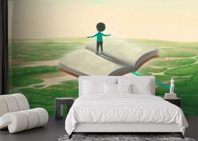 Education￼ imagination learning dream and freedom concept, boy riding flying ￼book. surreal painting. Fantasy art, conceptual artwork, happiness of child illustration
 Wall mural