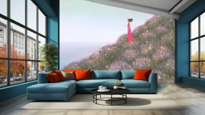 Fantasy art , Women alone on a hill with the sea, surreal painting ,Conceptual illustration, Freedom  loneliness and hope concept artwork, Imagination of nature Wall mural