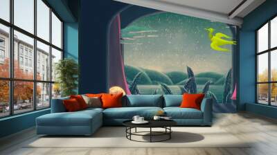 Gate to the night sea view, surreal painting Wall mural