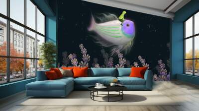 Imagination boy with cute colorful giant fish in fantasy nature and starry night, surreal illustration Wall mural