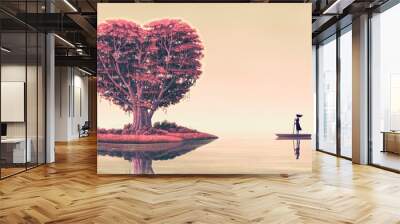 Love concept painting, romantic artwork, surreal illustration, woman on a boat with reflection of a man go to heart tree island, imagination art Wall mural