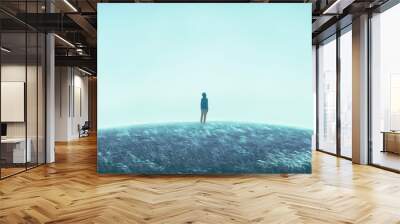 Man alone with the grass field,  surreal painting artwork, loneliness and hope concept art Wall mural