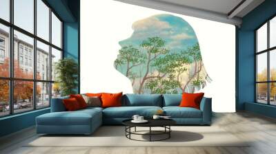 Nature landscape in portrait of woman. concept art of mind, soul and spiritual.	 Wall mural