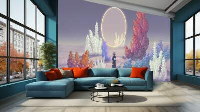 Surreal art of creative way inspiration motivation imagination and dream concept idea, A woman with door of light in fantasy garden. 3d illustration. mystery in nature landscape.  Wall mural