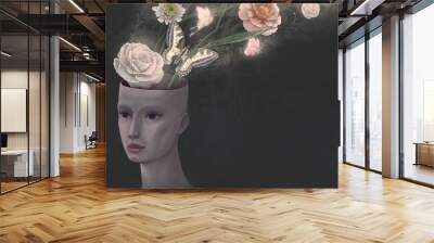 Surreal painting of woman with flowers. Portrait art. Concept art of dream and nature. Face of girl and floral. Wall mural