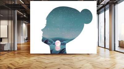 surreal river and the moon , sky and way in the field in a portrait of woman. concept art of mind, s Wall mural