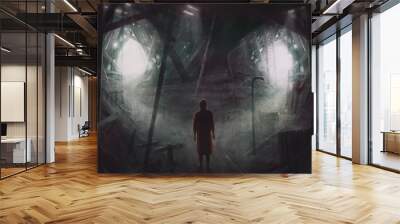 Surreal scene of man alone in broken building, choice concept , fantasy illustration Wall mural