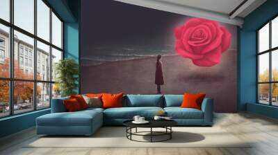 Surreal scene young woman and giant red rose with the sea, painting artwork, love concept Wall mural