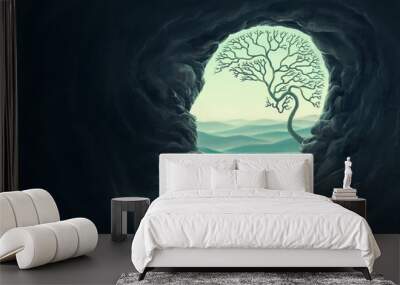 Tree brain with human head cave, idea concept of think  hope freedom and mind , surreal artwork, dream art , fantasy landscape, imagination of nature  Wall mural