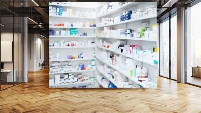 Pharmacy, pills and box with healthcare store, shelf and prescription care medicine. Medical, retail shop and supply of health supplements, vitamins and minerals for vitality and wellness dispensary Wall mural