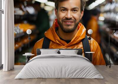 hombre en supermercado sonriendo con impermeable naranja  Wall mural