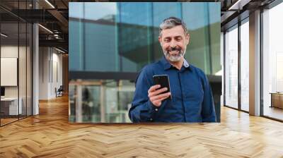 Real mature male worker watching a finance app on his cellphone. Middle aged person holding a mobile phone smiling. Handsome mid adult man smiling using a smartphone at workplace. Wall mural