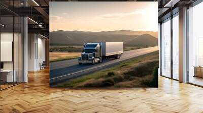 Heavy duty classic stylish big rig semi truck tractor with lot of chrome accessories transporting cargo driving on the road  Wall mural