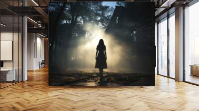 A terrifying scene of a little girl in front of a strong light at night in the middle of the fog Wall mural