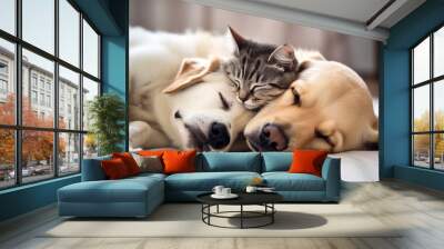 generative ai. cat and dog sleeping puppy and kitten sleep Wall mural